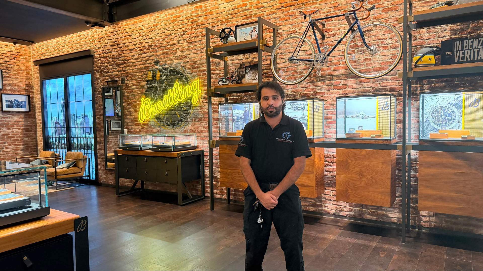 Shield Spire Security officer providing overnight renovation coverage inside a luxury retail store at The Domain, Austin, Texas.