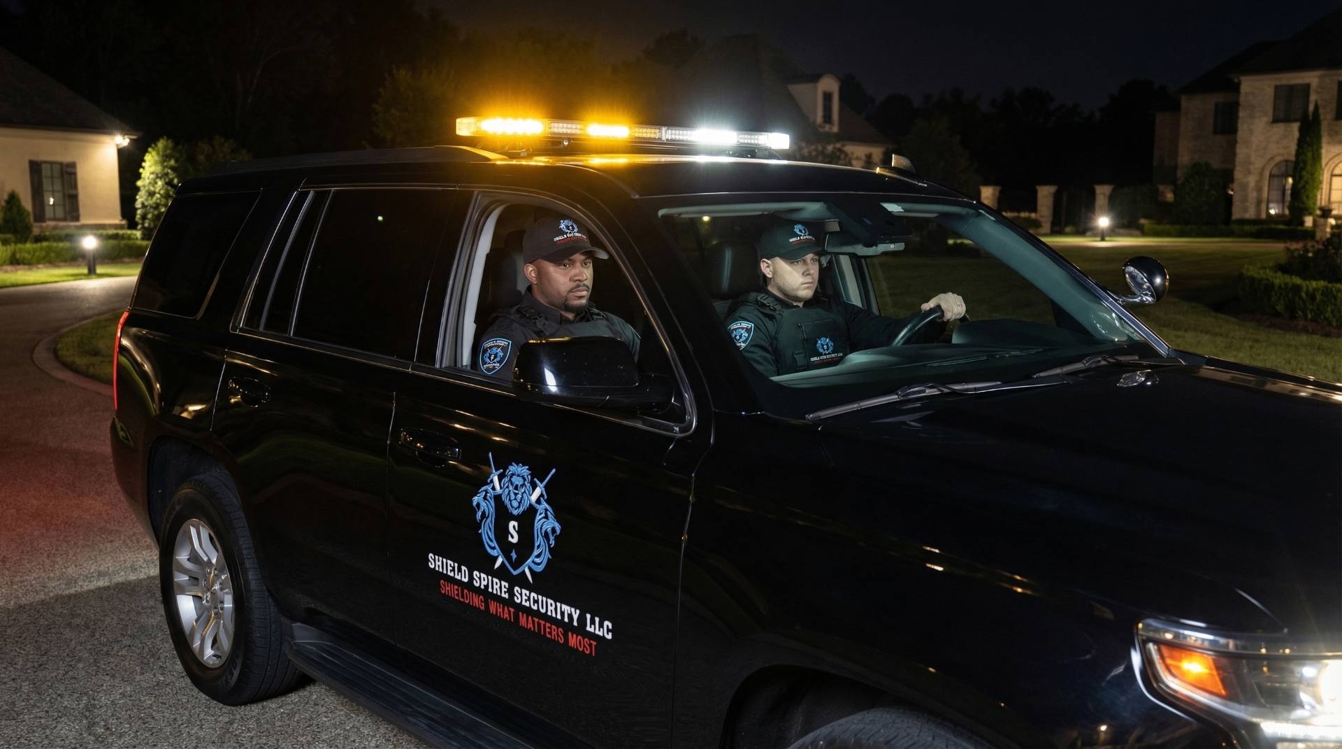 Shield Spire Security LLC officers in a marked patrol vehicle preparing for a private client escort and travel assistance assignment in Houston, Texas.